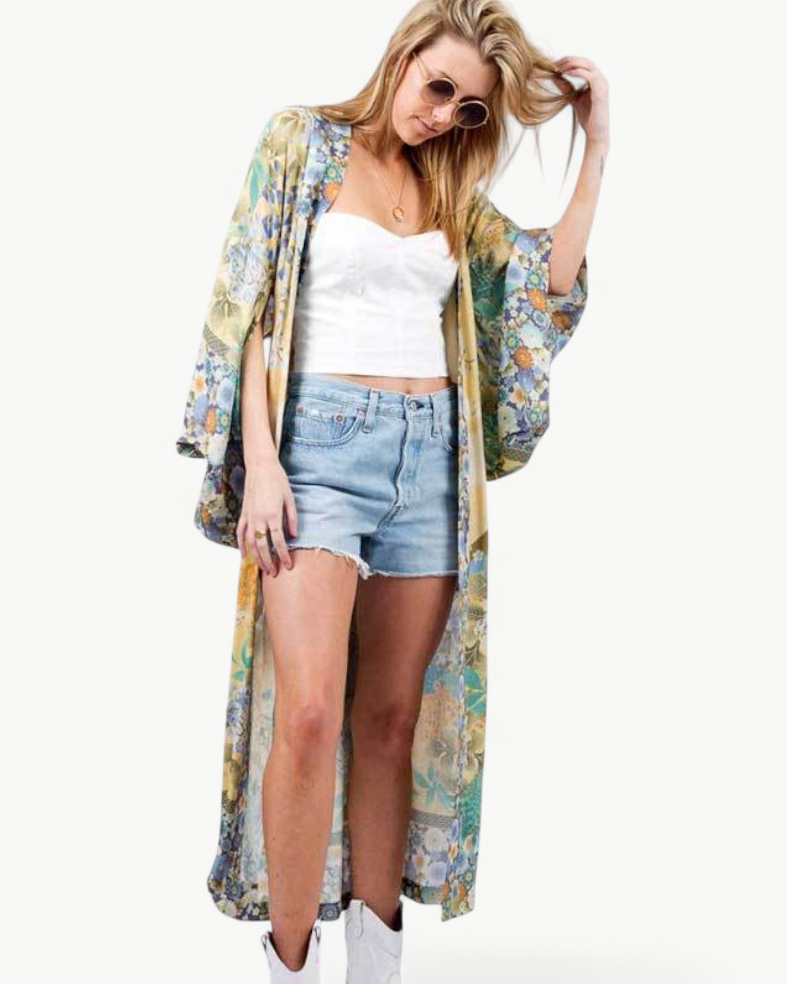 FLEUR – Lång kimono med blommigt mönster, fickor & midjeband