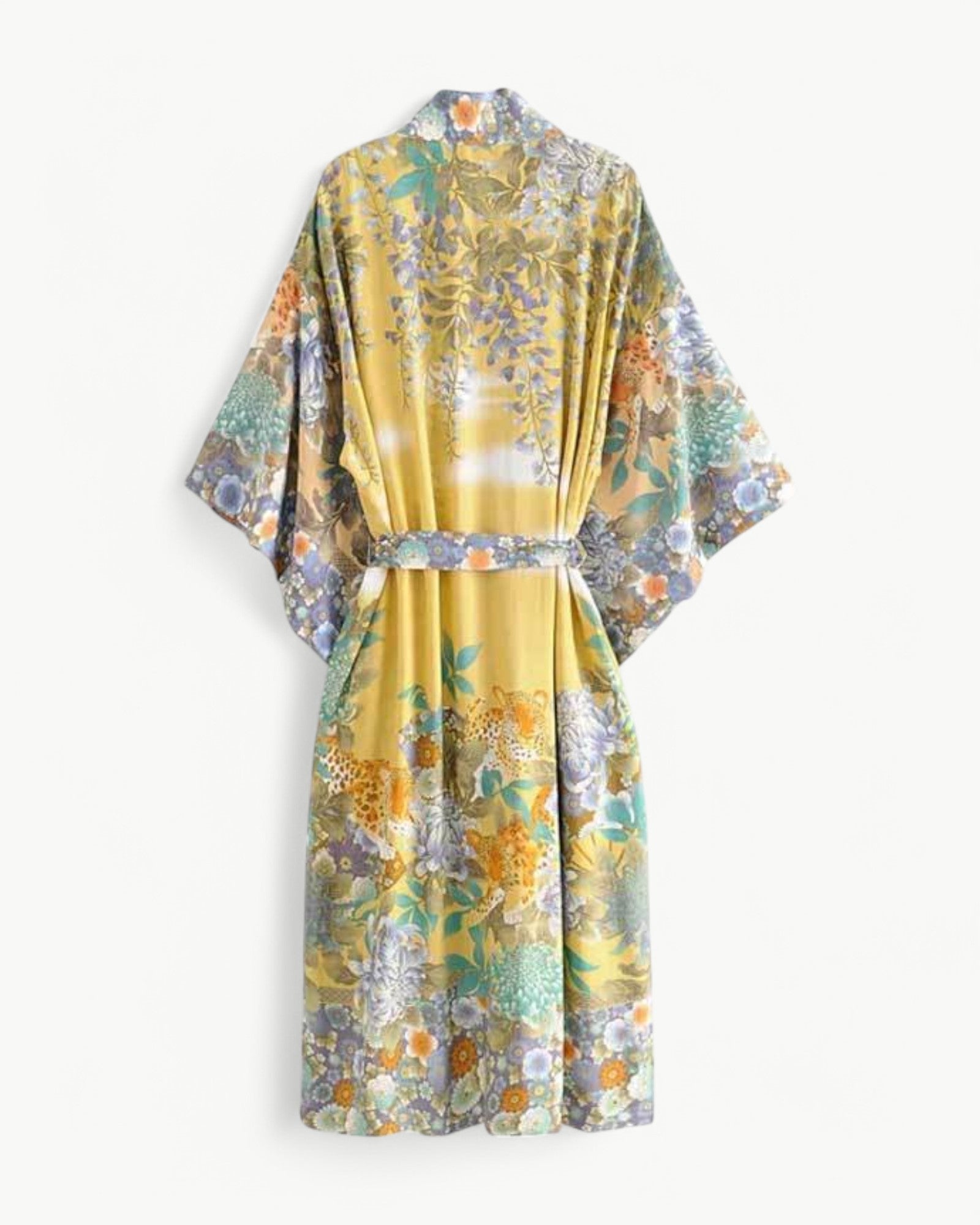FLEUR – Lång kimono med blommigt mönster, fickor & midjeband